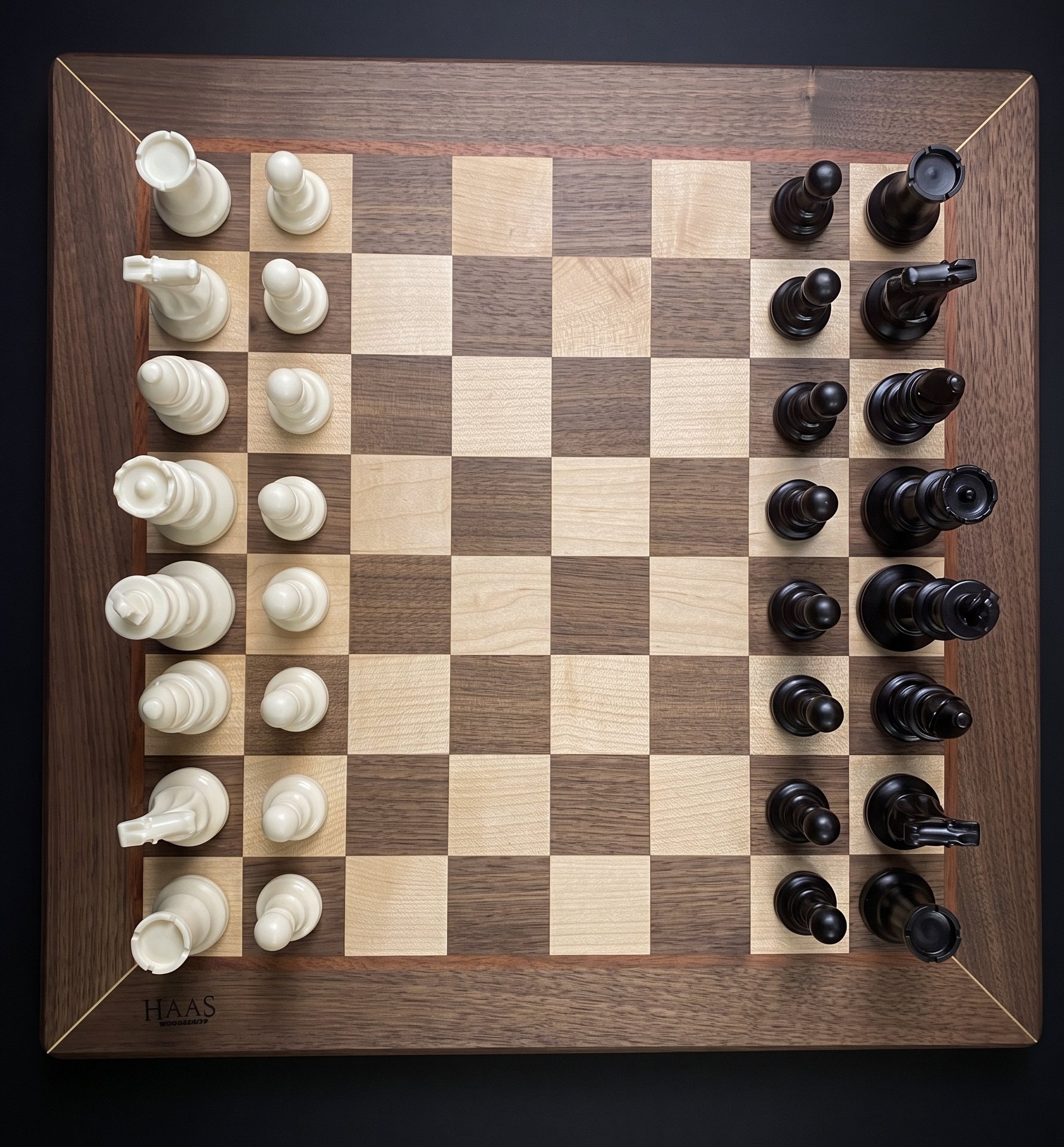 Walnut and maple chess board with full set of pieces