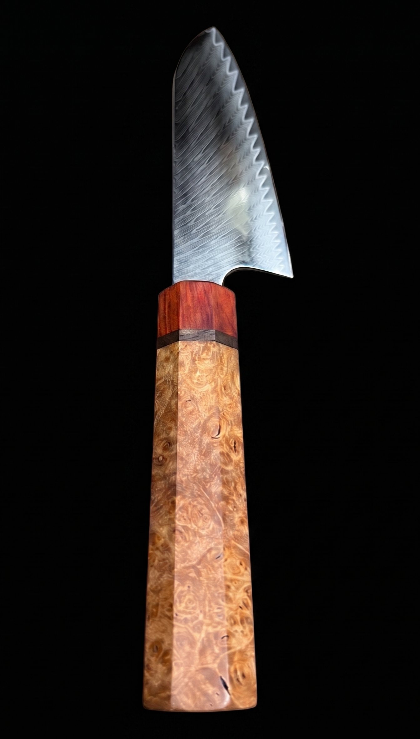 Damascus petty knife with maple burl handle